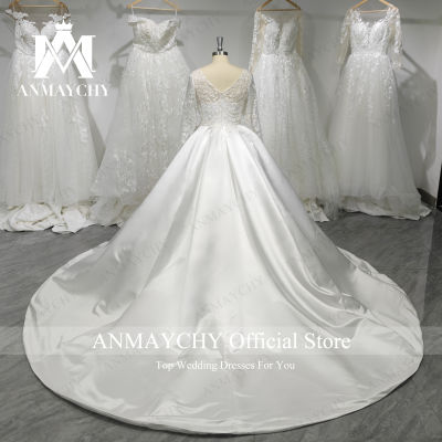 Anmaychy ชุดแต่งงานผ้าซาตินทรงเอสำหรับผู้หญิง2023สกู๊ปแขนยาวประดับด้วยลูกปัดชุดแต่งงานที่สง่างาม vestidos de novia