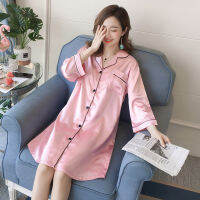 Cardigan Shirt Nightdress for Female Seven-point Sleeve Satin Nightgowns Chemise Femme Plus Size 5xl Night Shirt Home Sleepwear