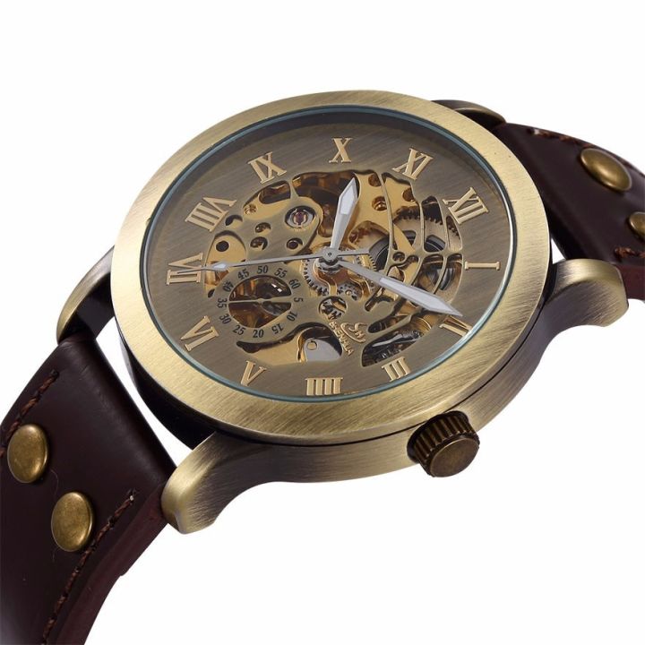 นาฬิกาจักรกลข้อมือชายสตีมพังค์นาฬิกาข้อมือผู้ชาย-นาฬิกาข้อมือออโตเมติกสไตล์ย้อนยุคแอนะล็อกแบบเปลือยบรอนซ์ของขวัญ2020