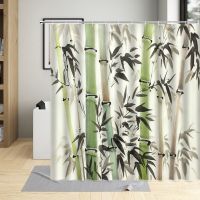Ink Bamboo Shower Curtain Set Green Plants Chinese Style Modern Bathroom Decor Polyester Fabric Chic Bathrub Curtains with Hooks