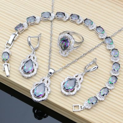 Natural Rainbow Topaz 925 Silver Jewelry Set for Women Wedding EarringPendantNecklaceRingbracelet Gift Lover Dropshipping