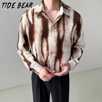 TIDE BEAR เสื้อแขนยาวชายเสื้อน้ำกระเพื่อมระบายอากาศเท่ๆผ้าไหมน้ำแข็งสำหรับผู้ชาย,เสื้อแฟชั่นลำลองพิมพ์ลายเสื้อเชิ้ตผู้ชาย