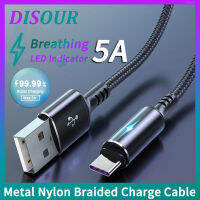 DISOUR สายชาร์จ USB เร็วโลหะ5A พิมพ์สามารถใส่ได้กับ iPhone ไมโคร USB พร้อมไฟ LED แสดงสถานะการหายใจแบบไลท์นิ่งที่ชาร์จสายถักไนลอนสายไฟชาร์จเร็วรองรับการส่งข้อมูล