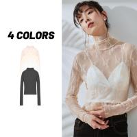 ?Sale80%?เสื้อซีทรูลายลูกไม้ แขนยาวคอสูง 4 สี ขอบตัด ฟรีไซส์