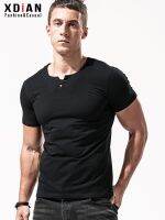 original High-end henley collar short-sleeved t-shirt mens pure cotton slim personality V-neck button solid color tight bottoming shirt summer henley shirt