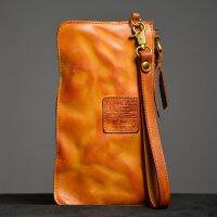 2023 New★ Vegetable Tanned Cowhide Long Wallet Thin Pure Cowhide Clutch Bag Genuine Leather Retro Hand Wallet Large Capacity Mobile Phone Bag