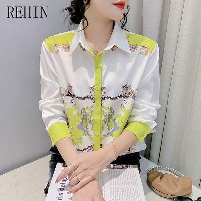REHIN เสื้อเชิ๊ตผู้หญิงแขนยาวพิมพ์ลาย,เสื้อชีฟองหรูหราคอปกทรงหลวมแฟชั่นใหม่