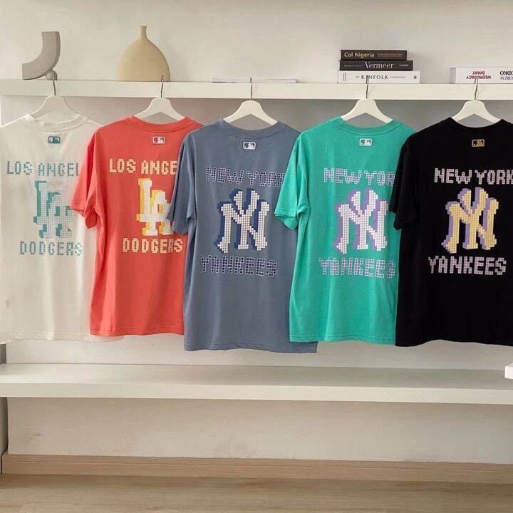 mlb-เสื้อยืด-logo-ny-t-shirt-oversize-เสื้อกีฬาแขนสั้นคู่รักแฟชั่นลำลอง