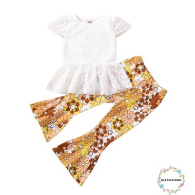 【Candy style】 Babyclothes- ชุดเสื้อผ้าเด็กวัยหัดเดิน ชุดเสื้อลูกไม้ สีขาว ชายระบาย พิมพ์ลายดอกไม้ กางเกงบาน
