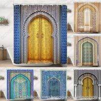 QSR STORE Moroccan Yellow Antique Arched Doors Shower Curtains Old Vintage Wooden Door Bathroom Waterproof Fabric Bath With Hooks