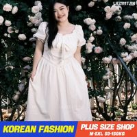 Plus size เสื้อผ้าสาวอวบ❤ เดรสสาวอวบอ้วน ไซส์ใหญ่ ผู้หญิง เดรสออกงาน ยาว แขนพอง คอเหลี่ยม สายผูกโบว์ สีขาว ฤดูร้อน สไตล์เกาหลีแฟชั่น V728