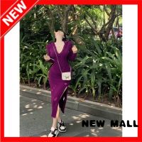 NEW MALL Early Autumn New Style Of Purple Ultra White Long Sleeves Slim Height Split V-Neck Hooded Temperament Dress