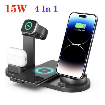 ♗◆ 15W Fast Wireless Charger Dock Station 4 in 1 For iPhone 14 13 12 11 XS XR X 8 Apple Watch 8 7 6 SE AirPods 3 Pro Charging Stand