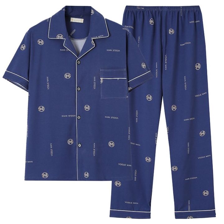 muji-high-quality-pajamas-mens-summer-high-end-pajamas-thin-section-short-sleeved-large-size-loose-cardigan-pajamas-combed-cotton-home-clothes-suit