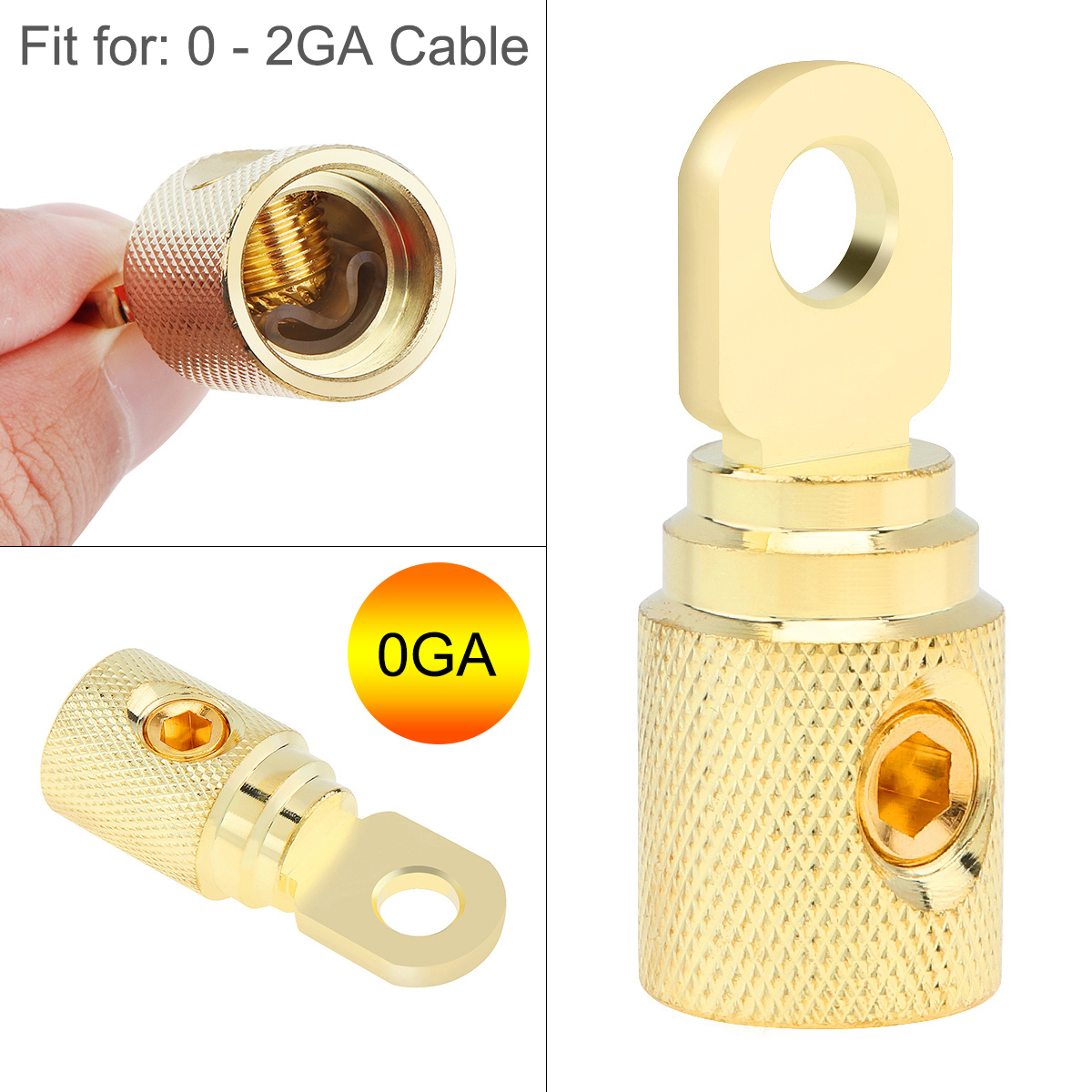 2Pcs 0 Gauge Brass with Gold Plated Ring Set Screw Battery Ring Terminals Amp Input Reducers for 0-2 Gauge Wire 