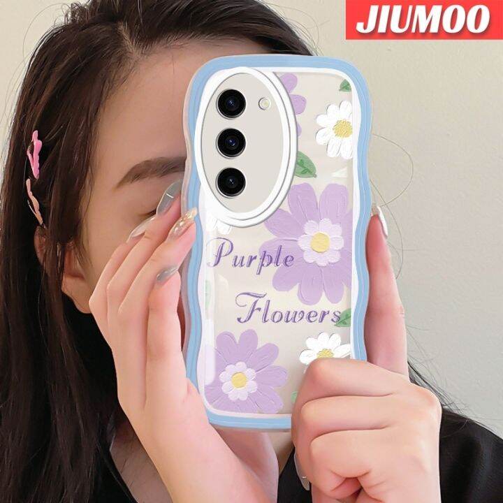 jiumoo-s23ปลอกสำหรับ-samsung-บวก-s23เคสพิเศษดอกไม้สีม่วงแฟชั่นลายการ์ตูนสร้างสรรค์ลายคลื่นขอบซิลิโคนเคสโทรศัพท์แบบใสเคสนิ่มโปร่งใสป้องกันเลนส์กล้องกล่องกันกระแทก