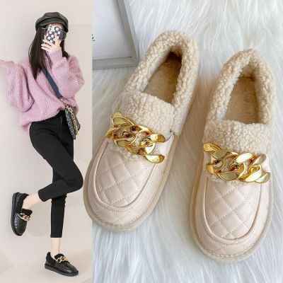 Autumn/winter 2021 new chain maomao shoes flat doug shoes ling case grain single warm and hair thickening shoes