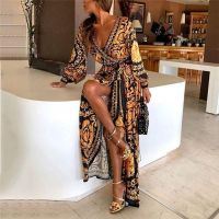 Bella Philosophy Women Floral Printed Boho Dresses New Long Sleeve V-Neck Long Dress Party Beach Club Dresses Sundress