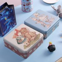 7 Inch Cute Bear Bunny Girl Print Storage Box Empty Iron Box Square Tin Box for Candy Cookies Packaging Christmas Gift Box Storage Boxes