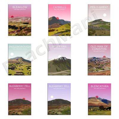 โปสเตอร์ท่องเที่ยว Coniston, Blencathra, Bleaklow, Yorkshire Dales Pen-Y-Gent,Ingleborough, Wales Pen Y Fan, Cumbria,Kewick และอื่นๆ