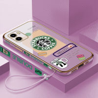 เคสเคสมือถือสำหรับ Vivo Y15S /Y15A/Y15C/Y01/Y01A พร้อมฟรีสายคล้อง + โลโก้ Starbucks ขอบสี่เหลี่ยมชุบเคลือบฝาหลังนิ่ม