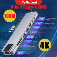 Actual【COD】พร้อมส่ง 8-in-1 อะแดปเตอร์ฮับการ์ดรีดเดอร์ USB Type-C Hub 4K HDMI RJ45 USB SD/TF PD ชาร์จเร็ว สำหรับ MacBook