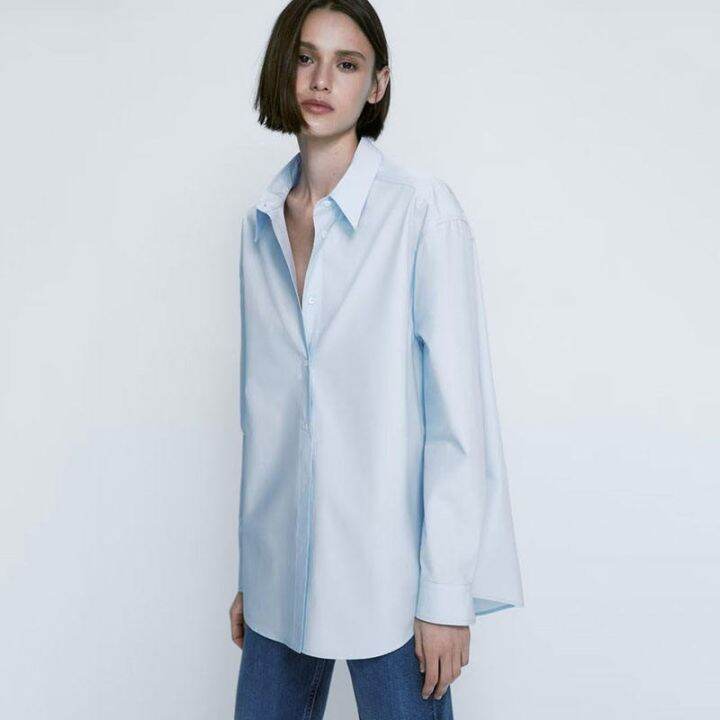 2023ฤดูใบไม้ผลิของสุภาพสตรี-massimo-dutti-แขนยาวเรนเดียส์แบบหลวมเสื้อสีฟ้าคลาสสิก