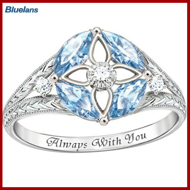 Bluelans®แหวนพลอยเทียมฝังดอกไม้ไพลินสำหรับผู้หญิงสุดหรูของขวัญเครื่องประดับสำหรับงานเลี้ยงงานแต่งงาน