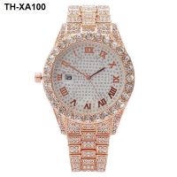 high-end นาฬิกาผู้ชาย rhinestone เพชรนาฬิกาผู้ชายโรมันปฏิทิน hip-hop นาฬิกาสีฟ้า-สีเขียวน้ำ ghost นาฬิกาเพชรเต็มรูปแบบ