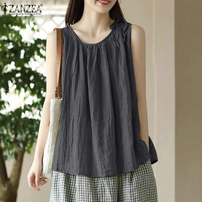 ZANZEA Summer Casual Tank Tops Sleeveless Solid Blouse O-Neck Vest