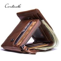 Toptem Contact S Genuine Crazy Horse Leather Men Wallets Vintage Trifold Wallet Zip Coin Pocket Purse Cowhide Leather Wallet For Mens