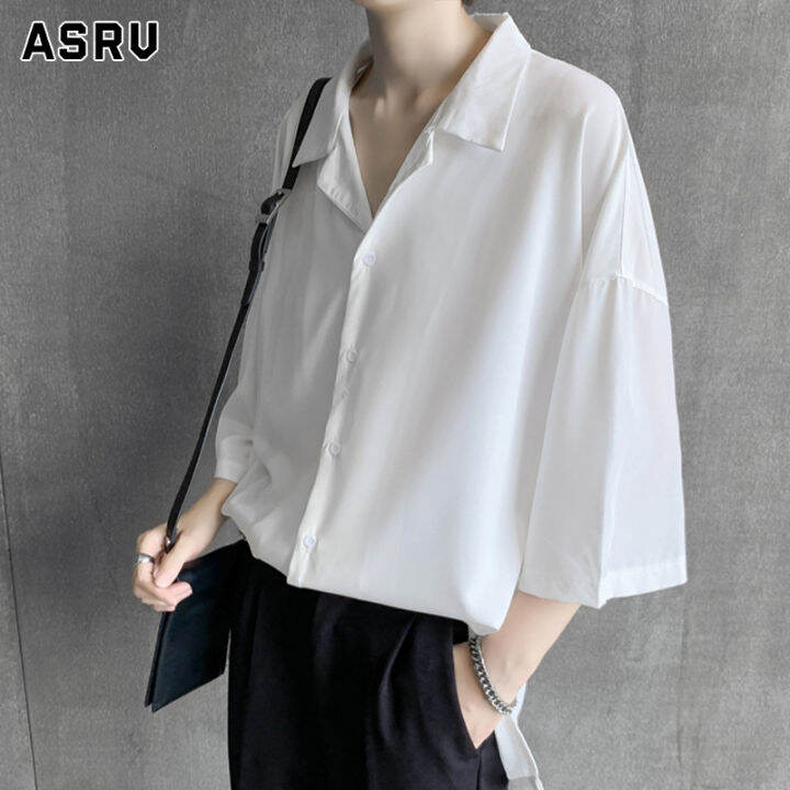 asrv-เสื้อเชิ้ตชาย-เสื้อเชิ้ตผู้ชาย-เสื้อเชิ้ตลำลองชาย-shirts-for-men-เชิ้ตผู้ชาย-สไตล์ฮ่องกงฤดูร้อนขนาดเล็กสดสามไตรมาสแขนเสื้อชายหลวมสบายๆคู่เสื้อเชิ้ตที่เหมาะกับการแต่งตัวทุกสไตล์ครึ่งเสื้อยาวปิดถึง