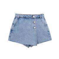 Denim Crossover Skort With Buttons Women Casual High-Waist Shorts Seamless Hem Chic Lady Female Clothing 2023 Summer New...