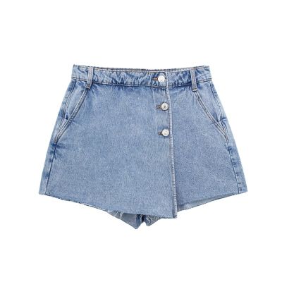 Denim Crossover Skort With Buttons Women Casual High-Waist Shorts Seamless Hem Chic Lady Female Clothing 2023 Summer New...