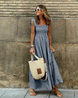 （HOT)2023 Cross-border Independent Station Summer Temperament Women Collage Lattice Sling Pressed Big Dressed Dress