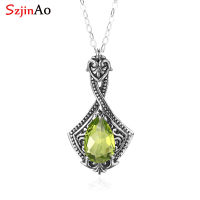 Szjinao Vintage Sterling Silver Pendant For Women Peridot Pendant Water Drop Green Gemstone Antiqued Banquet Womens Jewelry