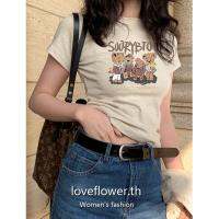 CUI YI SHOP love flower เสื้อครอปแขนสั้น คอกลม พิมพ์ลายแผนที่ หลากสี แฟชั่นฤดูร้อน