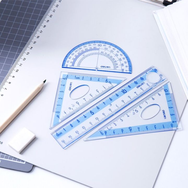 4pcs-set-of-deli-71953-blue-multiftional-drawing-combination-ruler-triangle-protractor-student-office-supplies