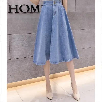 Women Denim Skirt Student Solid Colour Skirt Elastic High Waist Mid-length A-line Long Skirt