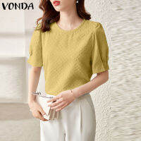 (จัดส่งฟรี)Fancystyle VONDA สไตล์เกาหลีผู้หญิงแขนสั้นคอลูกเรือจีบท็อปส์ลำลองถุงสีทึบเสื้อเสื้อยืด