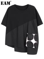 [EAM] Women Black Dot Printed Irregular Big Size T-shirt New Round Neck Short Sleeve Fashion Tide Spring Summer 2023 1DE6942