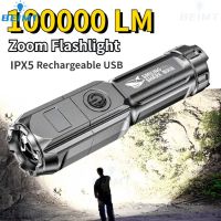 ❁ 100000LM Powerful LED Flashlight USB Charging Tactical Flash Light Variable Focus Long Range Torch Outdoor Waterproof Flashlight