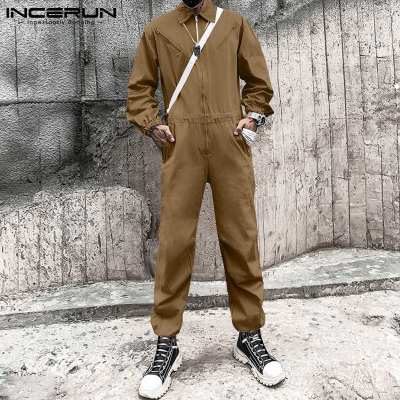 Fashion Men Jumpsuits Zipper Solid Lapel Long Sleeve Streetwear Men Cargo Overalls Baggy Pockets Casual Rompers S-5XL INCERUN 7