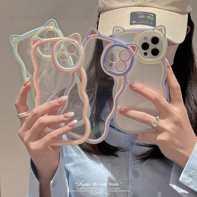 Korean Cute Cindy Color 3D Cat Ears Wave Edge Case For iPhone 14 13 12 11 Pro XS Max X XR 7 8 Plus Clear Shockproof Soft Cover