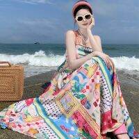 Characteristics of French sweet show thin seaside resort covers stomach reduction of age printed canvas strap dress female summer wind