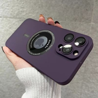 เคสที่ชาร์จแบบไร้สายแม่เหล็ก2023สำหรับ Magsafe,iPhone 14 13 12 11 Pro Max Plus เคสแข็งสีด้านพร้อมกระจกฟิล์มกันรอยกล้อง