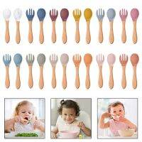 FL 2Pcs Food Grade Silicone Tips Baby Feeding Training Spoon and Fork Set with Wooden Handle Toddlers Infant Eat Independently Accessories