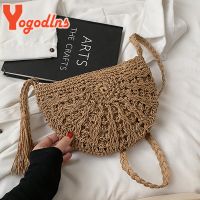 ♧✚○  Yogodlns New Half Round for Beach Rattan Woven Crossbody Handbags Bohemia