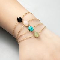 【YF】 Summer Bohemia Bracelet Turquoise Obsidian Pink Crystal Natural Stone Round Charms Stainless Steel Chain Elegant Women Jewelry