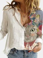 Fashion Loose Animal Cat Digital Print Women Shirt Autumn Office White Blouses Sleeve Turn Down Collar Casual Print Cardigan Top